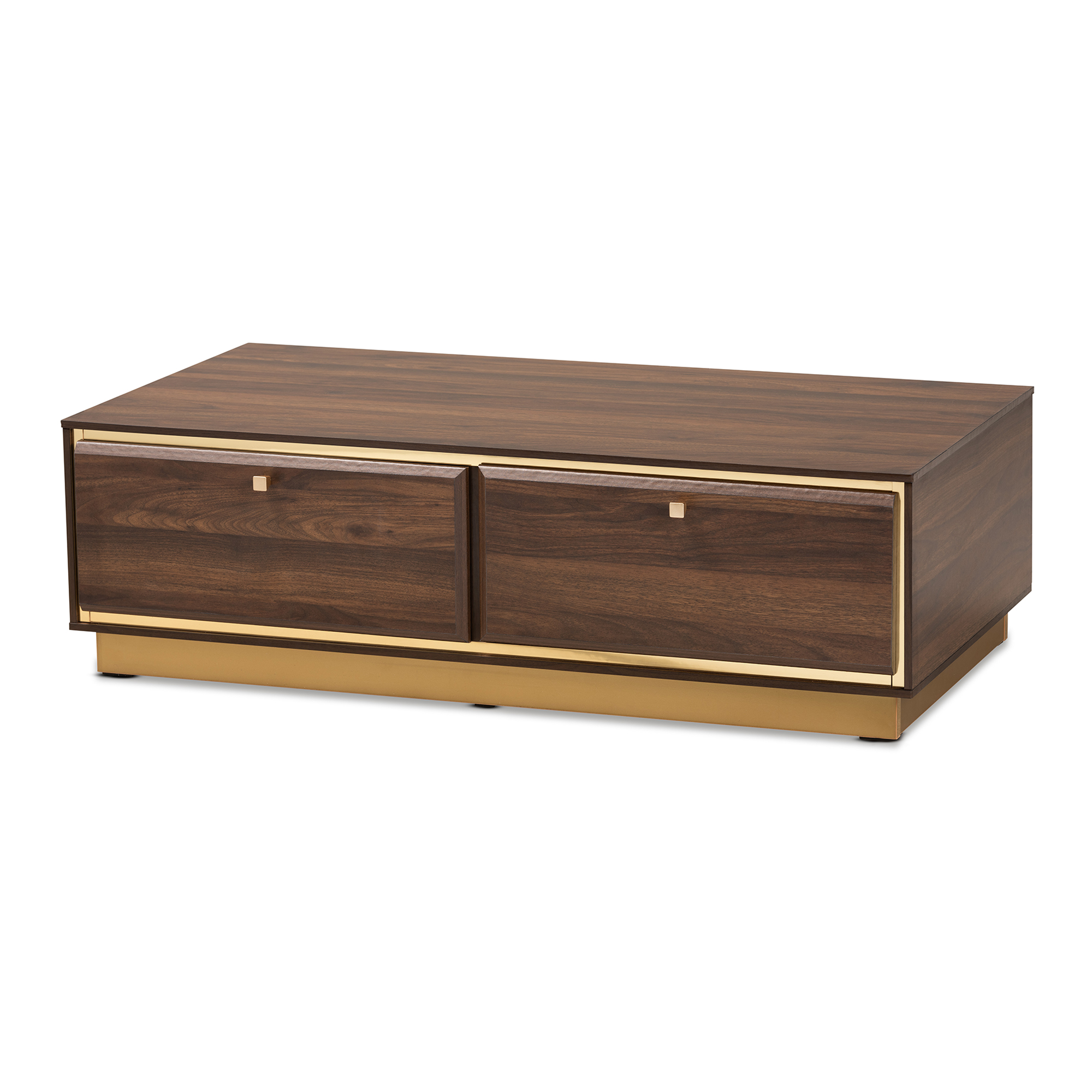 Baxton Studio Cormac Mid-Century Modern Transitional Walnut Brown Finished Wood and Gold Metal 2-Drawer Coffee Table